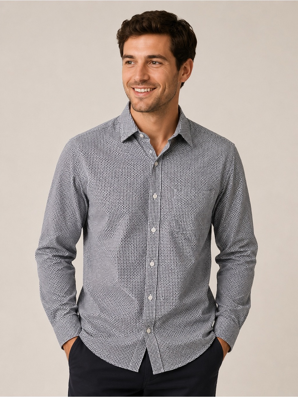 🚨Haggar Navy Micro-Print Long Sleeve Button-Down Shirt